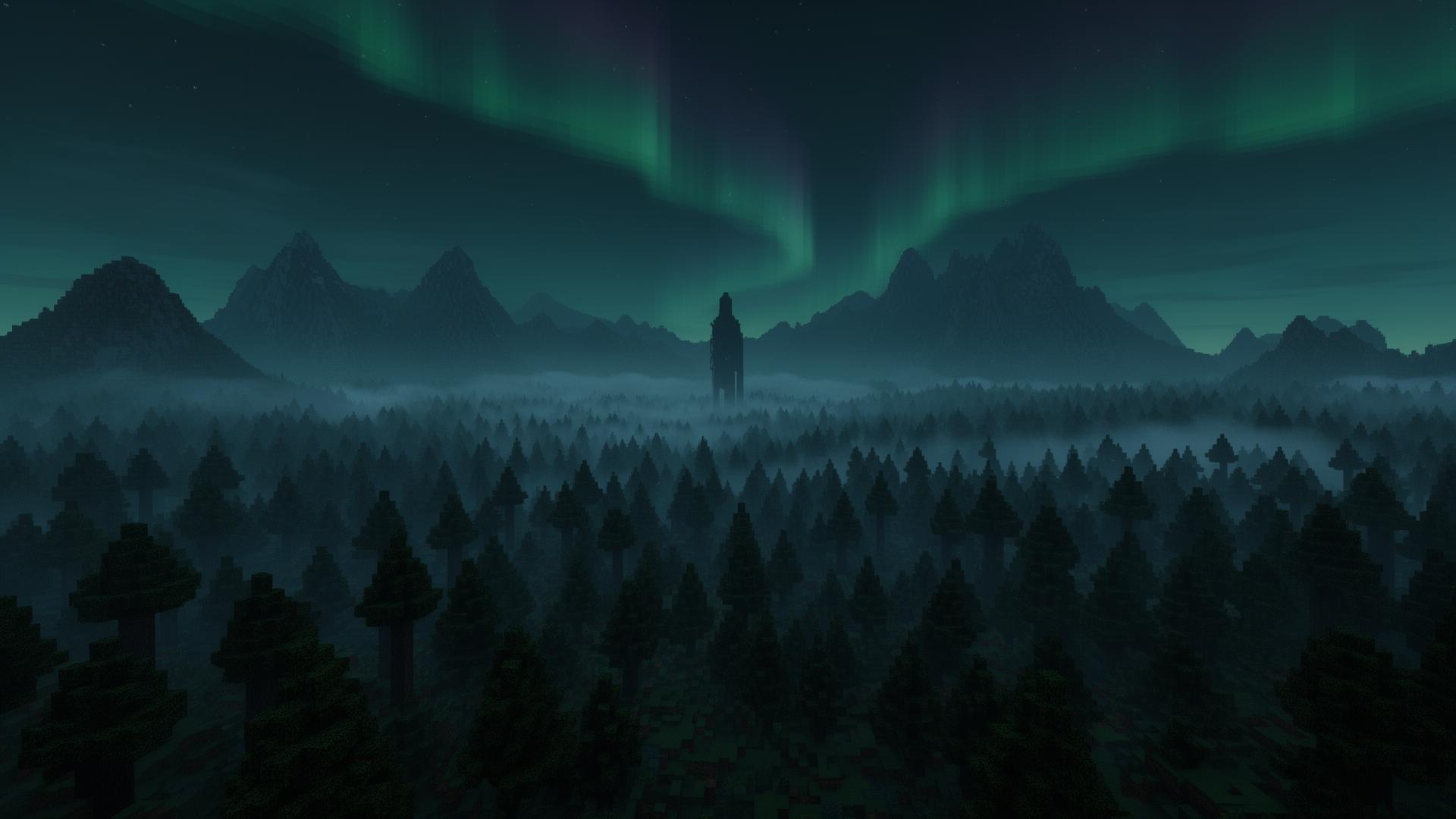 A misty pixelated forest under a green aurora with a distant figure